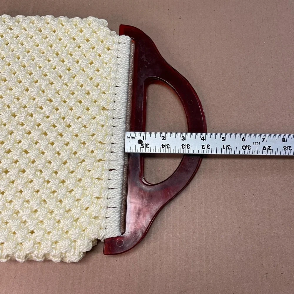 Vintage 70s Handmade Macrame Crochet Handbag Cream Boho Lucite Tortoiseshell Han